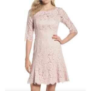Eliza J Blush Pink Lace Overlay Fit & Flare Cocktail Dress Holiday Flowy Pastel